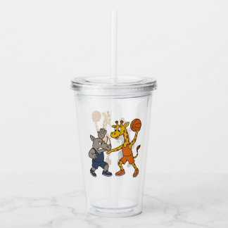 Cartoon giraffe & rhino playing basketball acryltrinkbecher