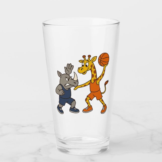 Cartoon giraffe & rhino playing basketball glas (Vorderseite)