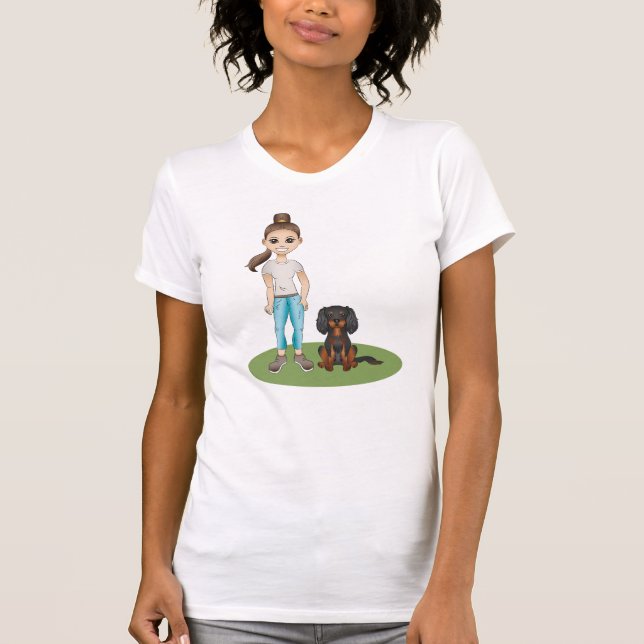 Cartoon Girl & Black und Tan Cavalier Spaniel Hund T-Shirt (Vorderseite)