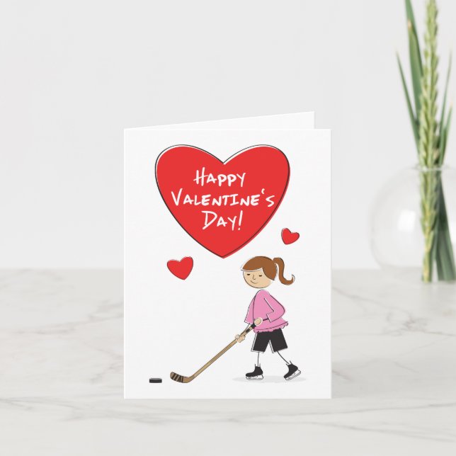 Cartoon Girl Hockey Valentines Card Feiertagskarte (Vorderseite)