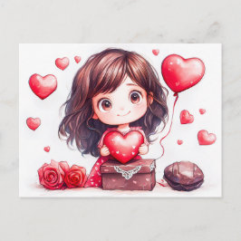 Cartoon Girl Holding Heart Romantic Valentine’s Da Postkarte