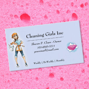 Cartoon Girl House Cleaning Service Visitenkarte