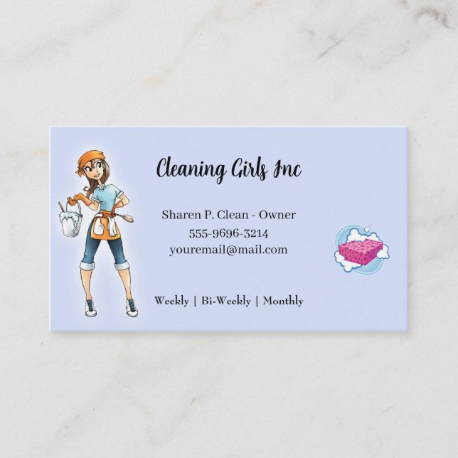 Cartoon Girl House Reinigungsservice Business Card Visitenkarte (Vorderseite)