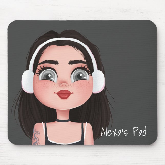 Cartoon Girl mit Kopfhörer auf Grau Mousepad (Vorne)