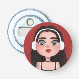 Cartoon Girl mit Kopfhörern auf Rot Flaschenöffner
