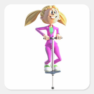 Cartoon Girl on a Pogo Stick Quadratischer Aufkleber