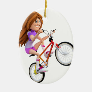 Cartoon Girl on Bike Doing a Wheelie Keramikornament