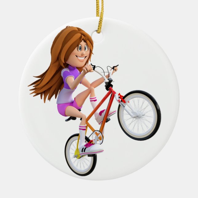 Cartoon Girl on Bike Doing a Wheelie Keramikornament (Vorne)
