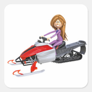 Cartoon Girl on Snowmobile Quadratischer Aufkleber