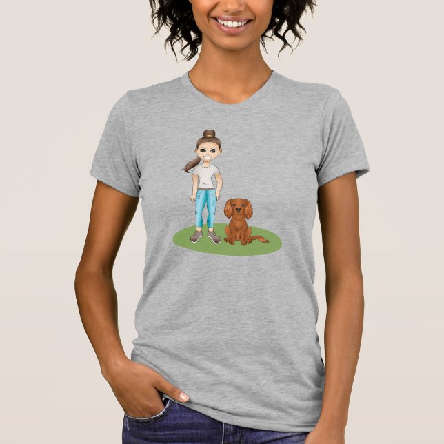 Cartoon Girl & Ruby Cavalier Spaniel Cartoon Dog T-Shirt (Vorderseite)