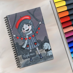 Cartoon Girl with Red Heart Garland Sketchbook Notizbuch