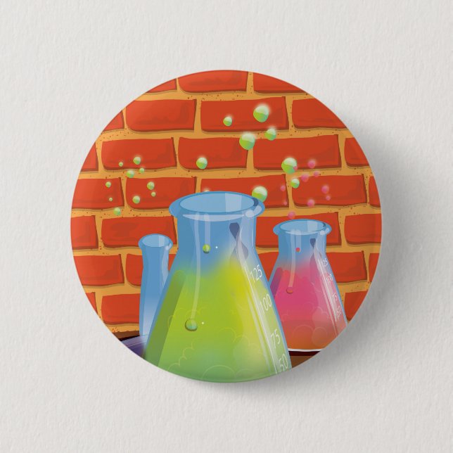 Cartoon Glass Science Ausrüstung auf einer Bank Button (Vorderseite)