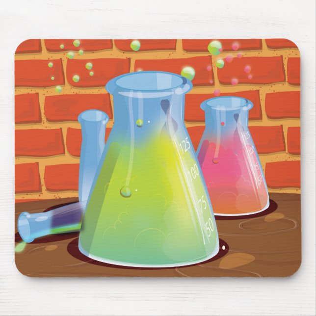 Cartoon Glass Science Ausrüstung auf einer Bank Mousepad (Vorne)