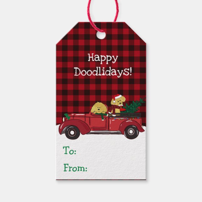 Cartoon Goldendoodles Roter Weihnachtsmann Geschenkanhänger (Vorderseite)