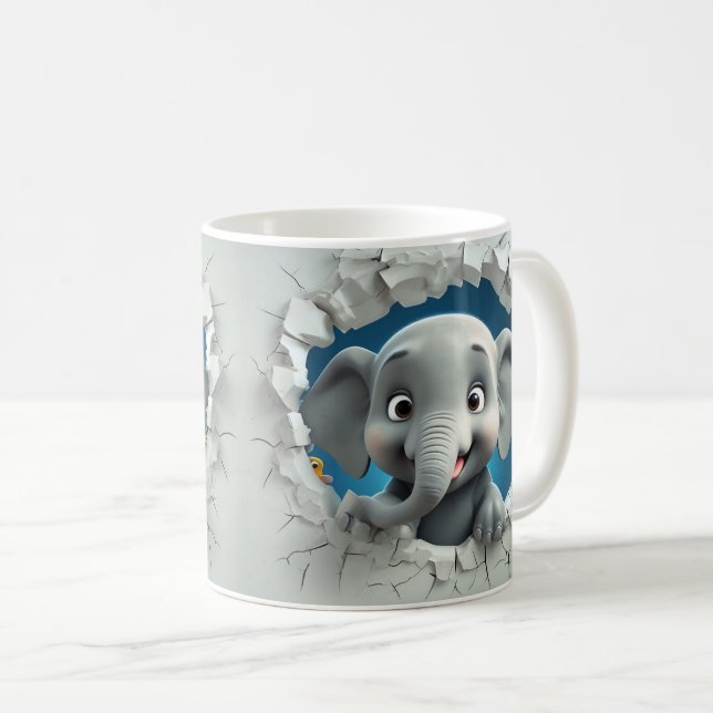Cartoon Gray Elephant bricht durch hellgrau Kaffeetasse (VorderseiteRechts)