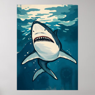 Cartoon Great White Shark - Ocean Predator Art Poster