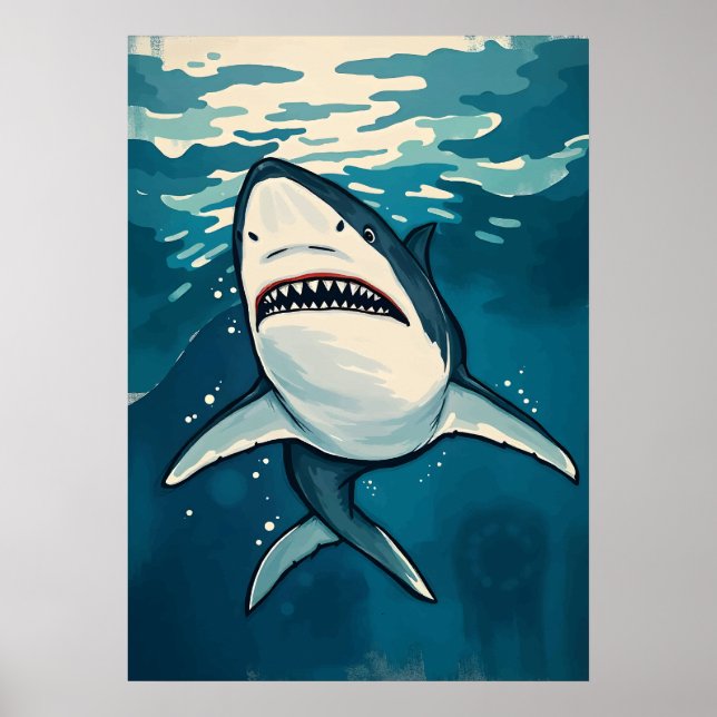 Cartoon Great White Shark - Ocean Predator Art Poster (Vorne)