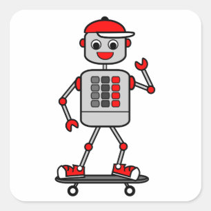 Cartoon Grey Robot Trading Red Cap auf Skateboard Quadratischer Aufkleber