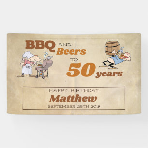 Cartoon GRILLEN und Bier 50. Geburtstag Rustikales Banner