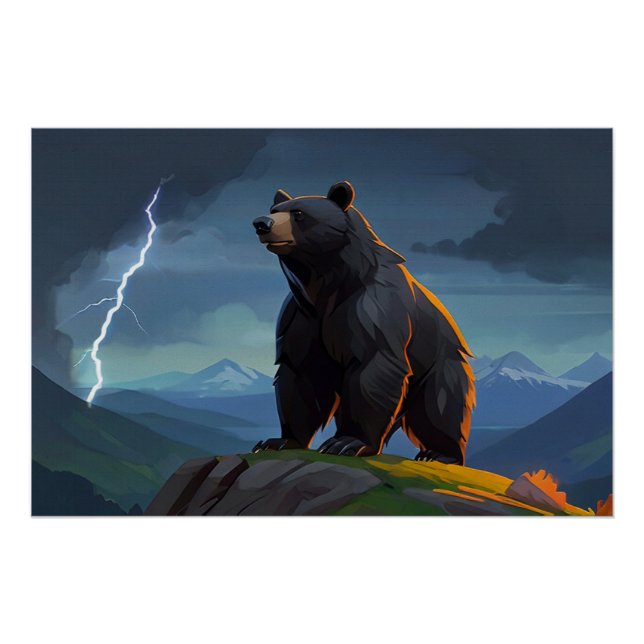 Cartoon Grizzly Bear & Lightning Poster (Vorderseite)