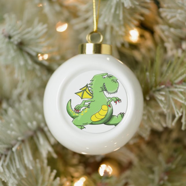 Cartoon Grüner Drache auf den Hinterfüßen Keramik Kugel-Ornament (Baum)