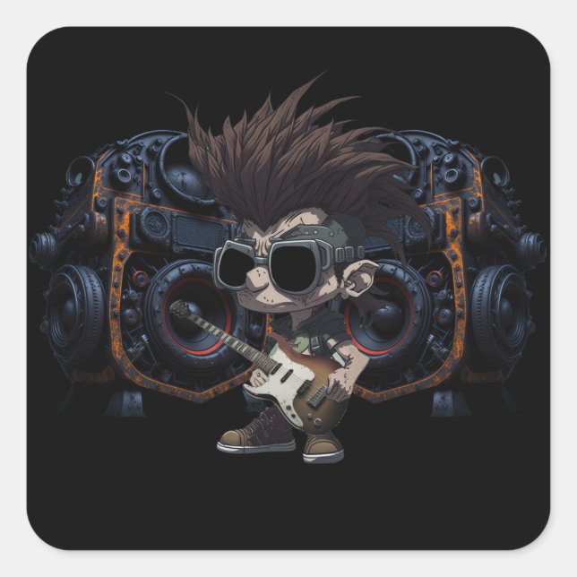 Cartoon Grunge Punk Rock & Roll Gitarren-Lautsprec Quadratischer Aufkleber (Vorderseite)