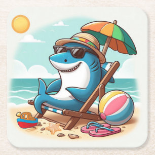 Cartoon Hai am Strand Rechteckiger Pappuntersetzer