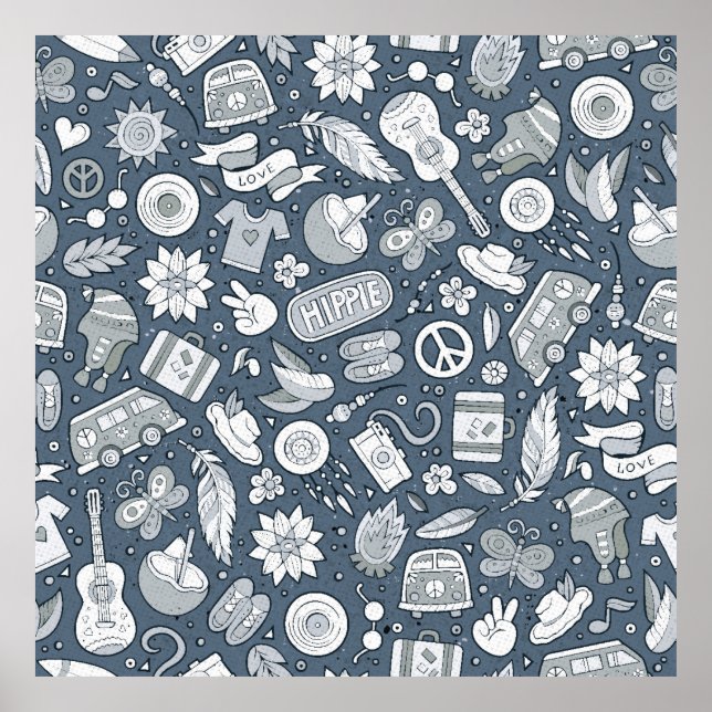 Cartoon handgezogene Hippie-Doodles nahtloses Must Poster (Vorne)