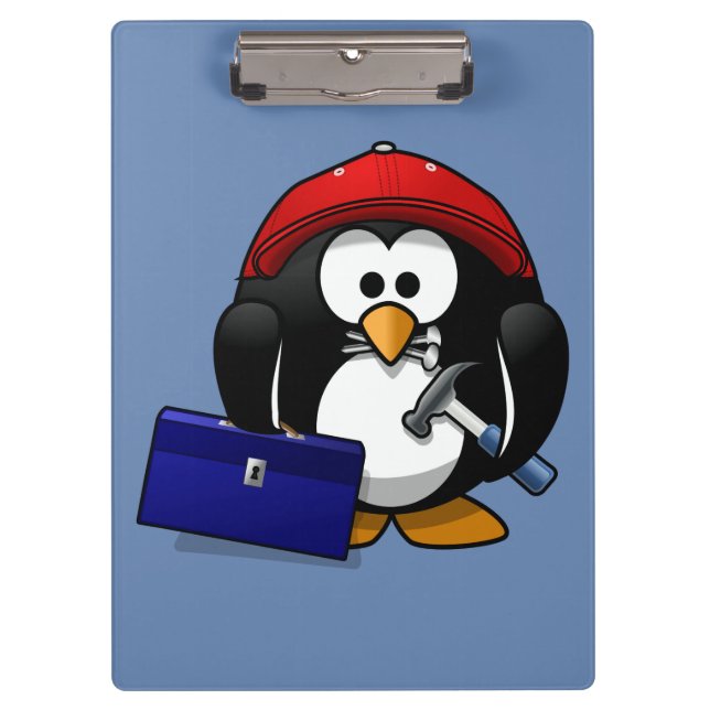 Cartoon-HandwerkerPenguin mit blauem Hintergrund Klemmbrett (Vorderseite)