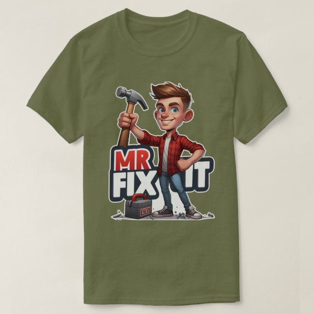 Cartoon Handyman Character Holding Hammer T-Shirt (Design vorne)