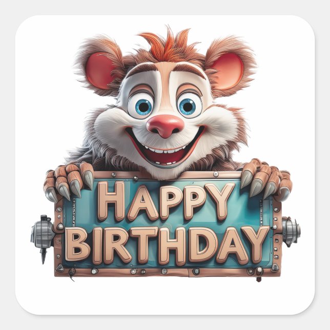 Cartoon Happy Birthday Illustration Quadratischer Aufkleber (Vorderseite)
