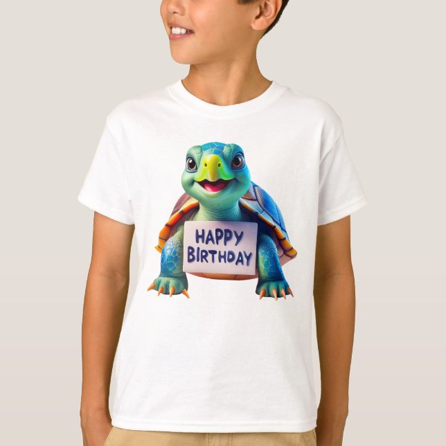 Cartoon Happy Birthday Niedlich Schildkröte Illust T-Shirt (Vorderseite)
