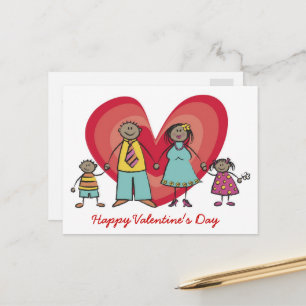Cartoon Happy Family Big Red Heart Valentine's Day Feiertagspostkarte