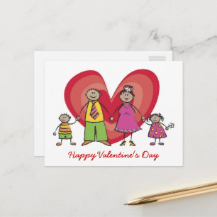 Cartoon Happy Family Big Red Heart Valentine's Day Feiertagspostkarte