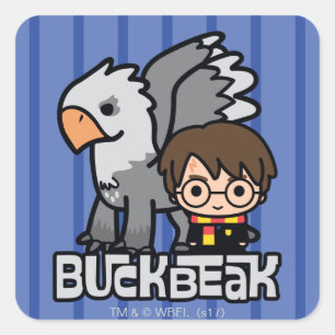 Cartoon Harry Potter and Buckbeak Quadratischer Aufkleber