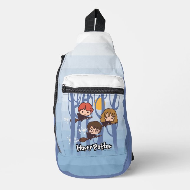 Cartoon Harry, Ron & Hermione, der in Holz fliegt Crossbody Bag (Vorderseite)