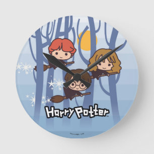 Cartoon Harry, Ron & Hermione, der in Holz fliegt Runde Wanduhr