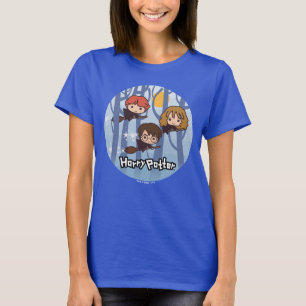 Cartoon Harry, Ron, & Hermione Flying In Woods T-Shirt