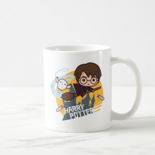 Cartoon-Harry und Hedwig fliegen an Hogwarts vorbe Tasse