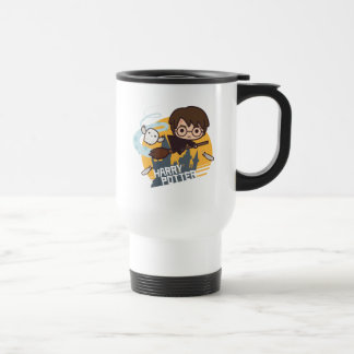 Cartoon Harry und Hedwig-Fliegen hinter Hogwarts Reisebecher