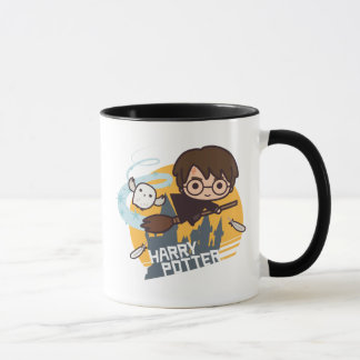Cartoon Harry und Hedwig-Fliegen hinter Hogwarts Tasse