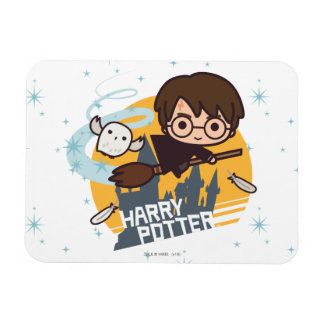 Cartoon Harry und Hedwig Flying Past Hogwarts Magnet