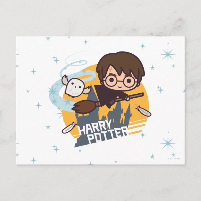 Cartoon Harry und Hedwig Flying Past Hogwarts Postkarte (Vorderseite)
