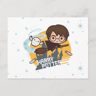 Cartoon Harry und Hedwig Flying Past Hogwarts Postkarte