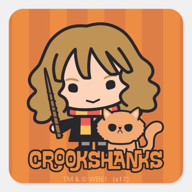 Cartoon Hermione und Crookshanks Quadratischer Aufkleber (Vorderseite)