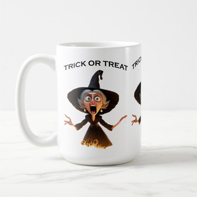 Cartoon Hexe "Trick or Treat" Kaffeetasse (Links)