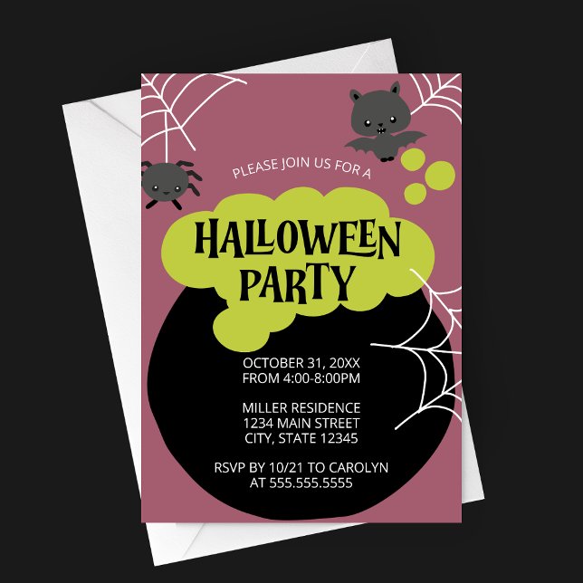 Cartoon Hexs Cauldron Kid's Halloween-Party Einladung (Retro Witch's Cauldron Halloween Party Invitation with Cartoon Characters on Purple Background)