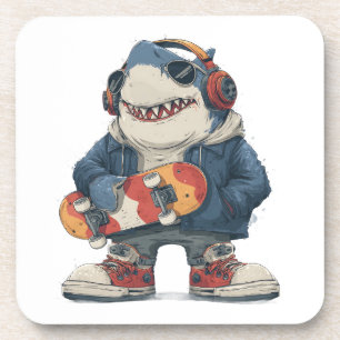 Cartoon-Hip-Hop-Hai Charakter mit Skateboard Getränkeuntersetzer