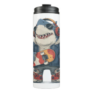 Cartoon-Hip-Hop-Hai Charakter mit Skateboard Thermosbecher