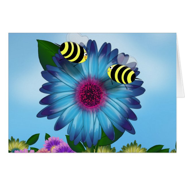 Cartoon Honey Bees Meeting auf Blue Blume (Vorderseite (Horizontal))
